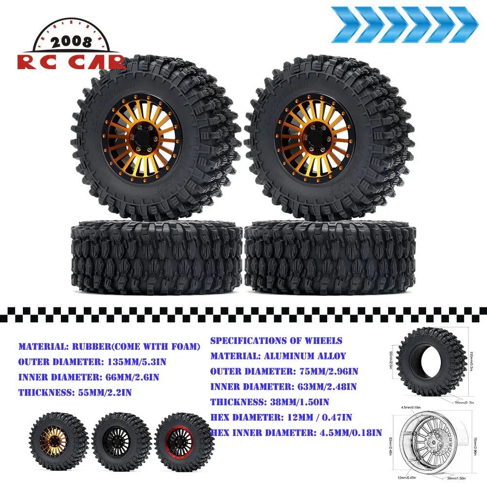 

1/10 Rubber Tyres 2.6 Inch Alloy Wheel Rim Crawler Tires for RC Car OFF-Road TRX4 TRX6 SCX10 Yeti Wraith RB10 Ryft Yikong