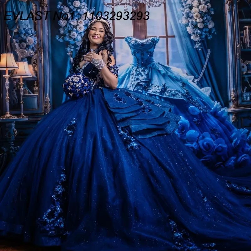 

EVLAST блестящее темно-синее платье Quinceanera по индивидуальному заказу, бальное платье с цветочной аппликацией и бисером, корсет Sweet 16, Vestidos De 15 Anos E3Q833