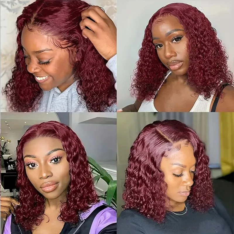 Perruque Bob Lace Frmetals Courte et Bouclée pour Femme Noire, Cheveux Humains, Vin Rouge, Bordeaux 99J, 13x4