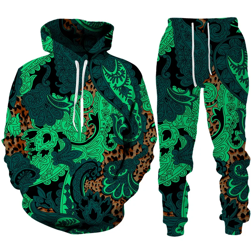 Men Hoodies Sets Colorful Cashew Flower Tracksuit Men 2 Piece Set 3D Print Casual Hoodie Pants Fashion Jogging Man Sportswear