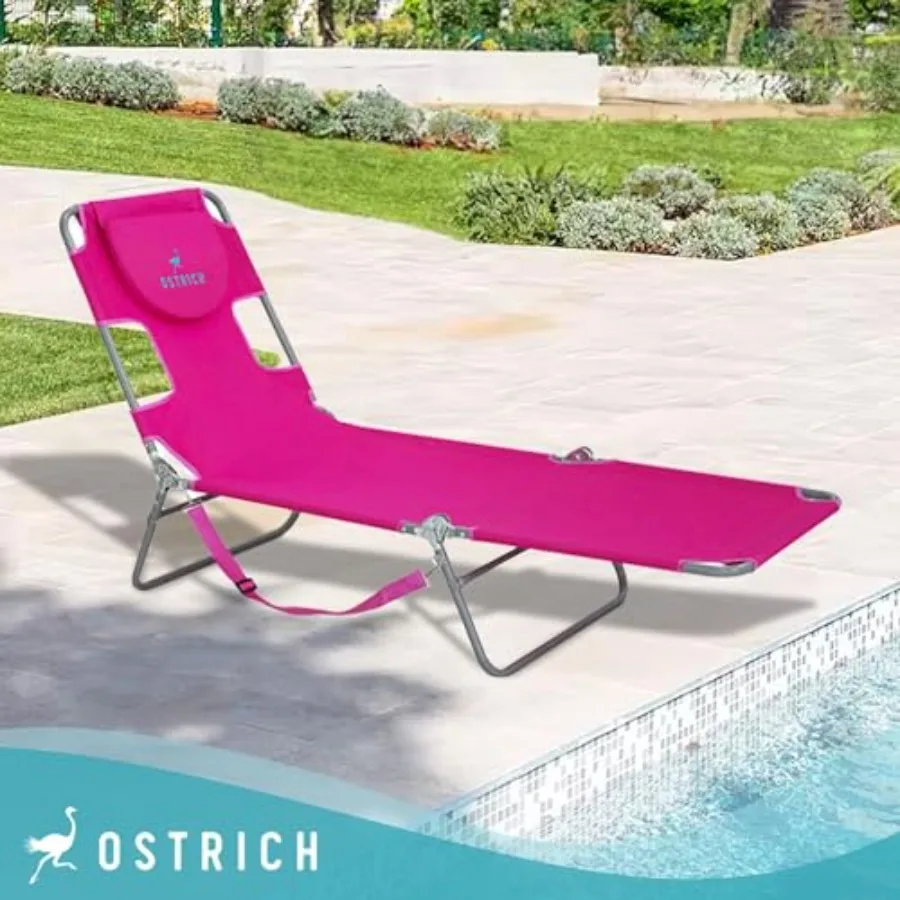 Portable reclining chaise lounge for outdoor use, aluminum frame with beige fabric, lightweight and foldable design