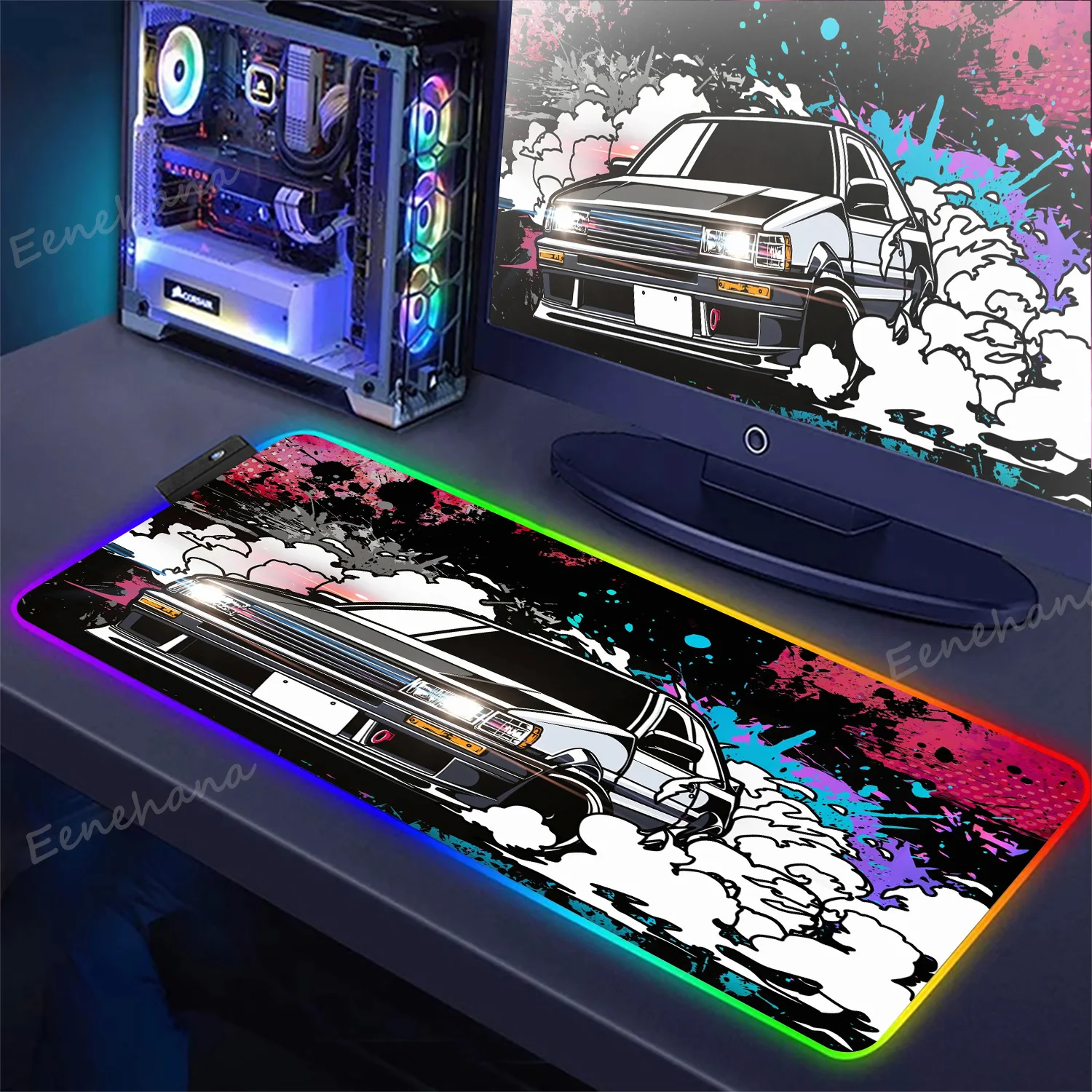 HD Printing Initial D Large RGB Mousepad Car AE86 Gaming LED Table Mat Black And White Anime Mice Mat PC Keyboard Pad 1000x500mm