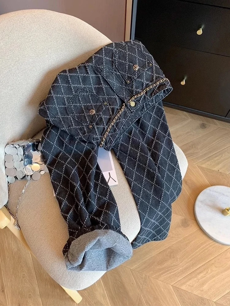 

Корейские свободные универсальные джинсы с ромбовидным узором, прямые, для мужчин и женщин, весна-осень, винтажные, с высокой талией, повседневные, широкие...