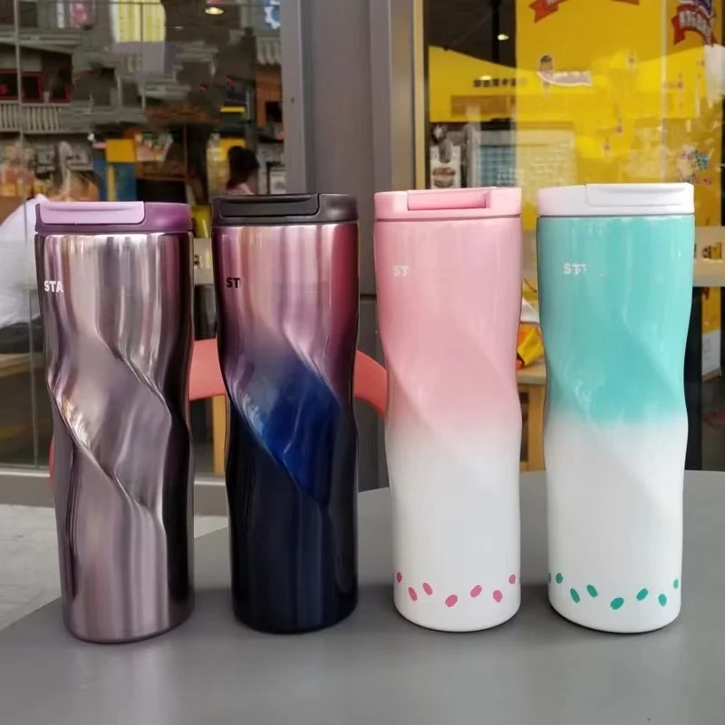 500ml Stainless Steel Threaded Insulated Bottle Creative Shaped Rotating Straight Body Cup Gradient Straight Drinking Coffee Cup