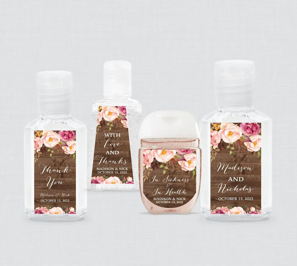 Rustic Wood and Pink Flowers, Custom Hand Sanitizer Stickers, Wedding Custom Water Bottle Labels, 100