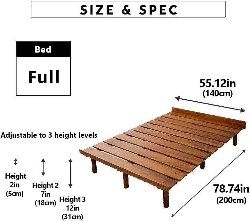 Wood Slatted Floor Bed Frame OSMOS Full for Japanese Futon Mattress Solid Pine (Retro-Brown), Height Adjustable (2/7/12in)