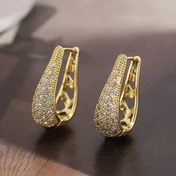 Huitan Gold Color/Silver Color Hoop Earrings Female Luxury Bright Zirconia Accessories Delicat Hollow-out Design Party Jewelry