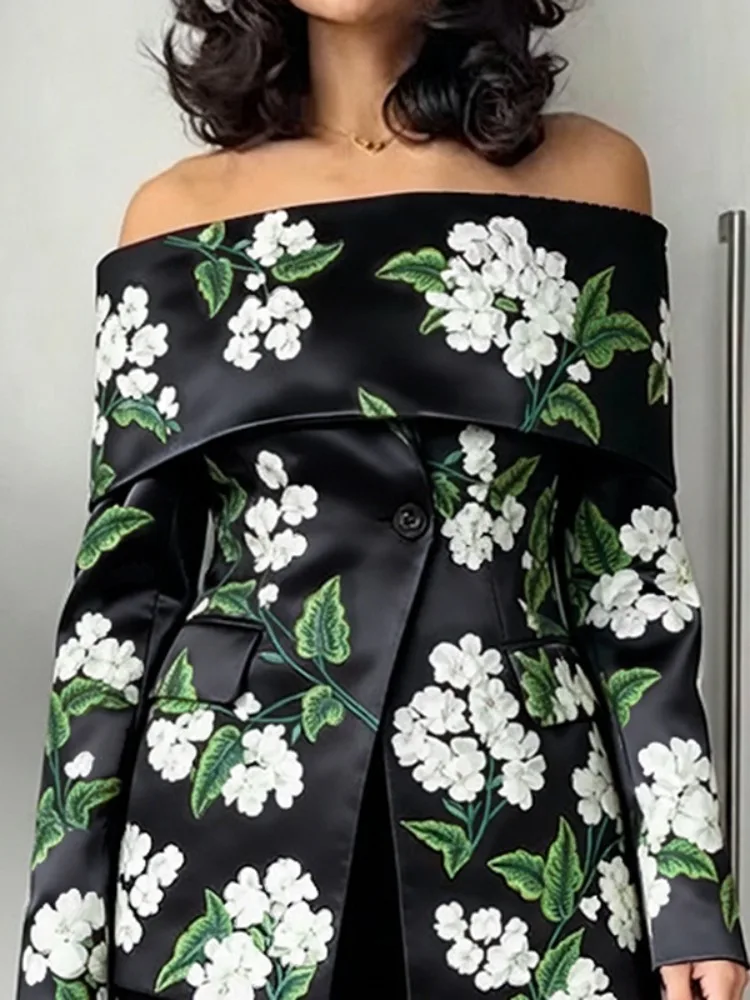 Office Lady Formal Business Off-The-Shoulder Blazer 2026 New Long Sleeves Vintage Elegant Floral Printed Evening Thin Outerwears
