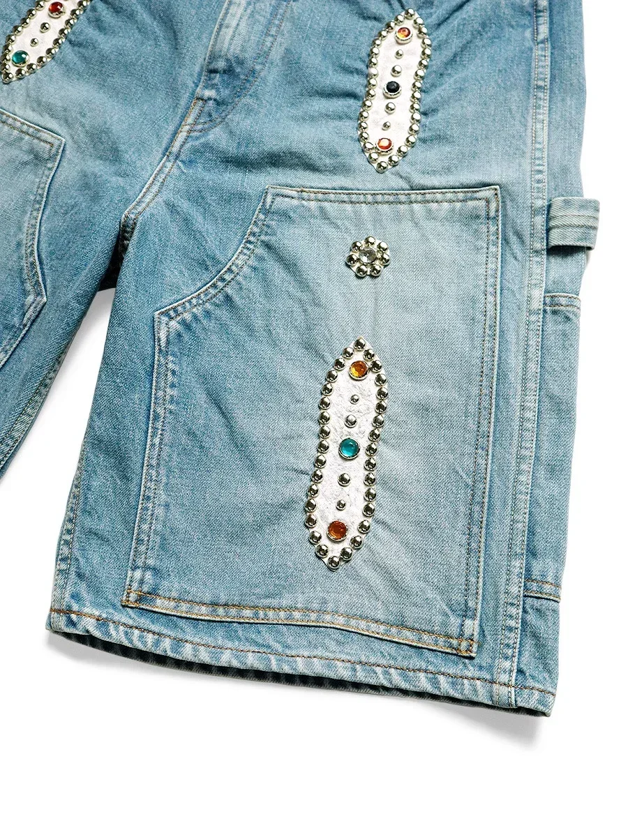 اليابان غير كابيتال هيراتا هيروشي 23SS جديد الأزرق مصبوغ الرجعية صنع القديمة غسل فضفاض برشام مطعمة جوهرة الدنيم السراويل الجينز #5