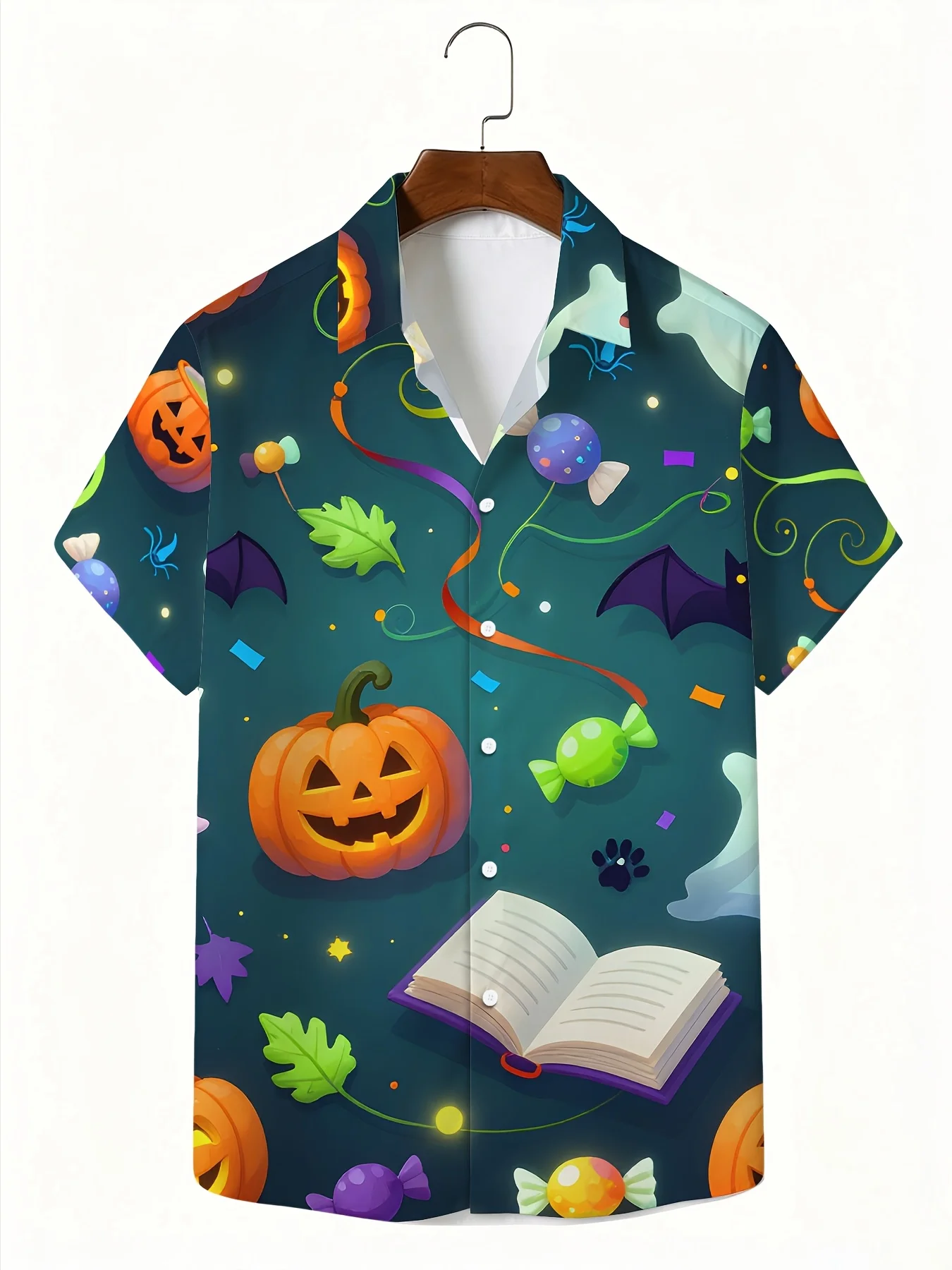 Men's Hawaiian Short Sleeve Shirt Vintage Colorful Halloween Print Fashion Turn Down Collar Casual Beach Holiday Top Men Clothes