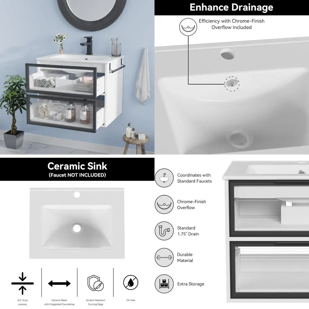 

Modern 24 Inch Wall-Mounted Bathroom Vanity with Glass Doors and Drawers Storage, Floating Cabinet without Sink for Contemporary