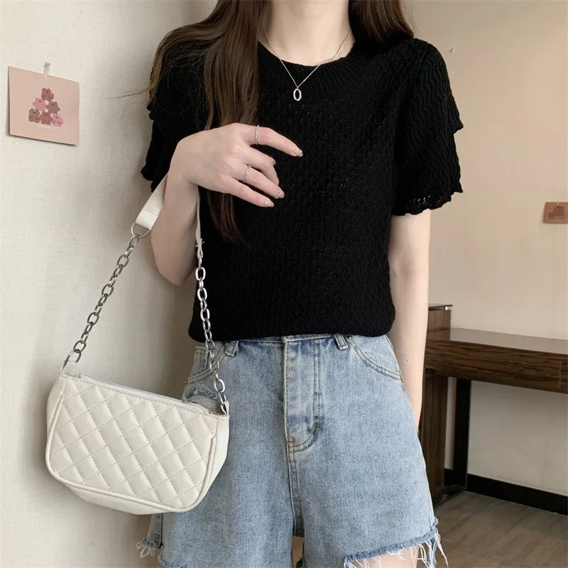 2023 Spring Summer women sweater Korean thin matching loose short-sleeved pullover Knitwear Hollow sweater NS5661