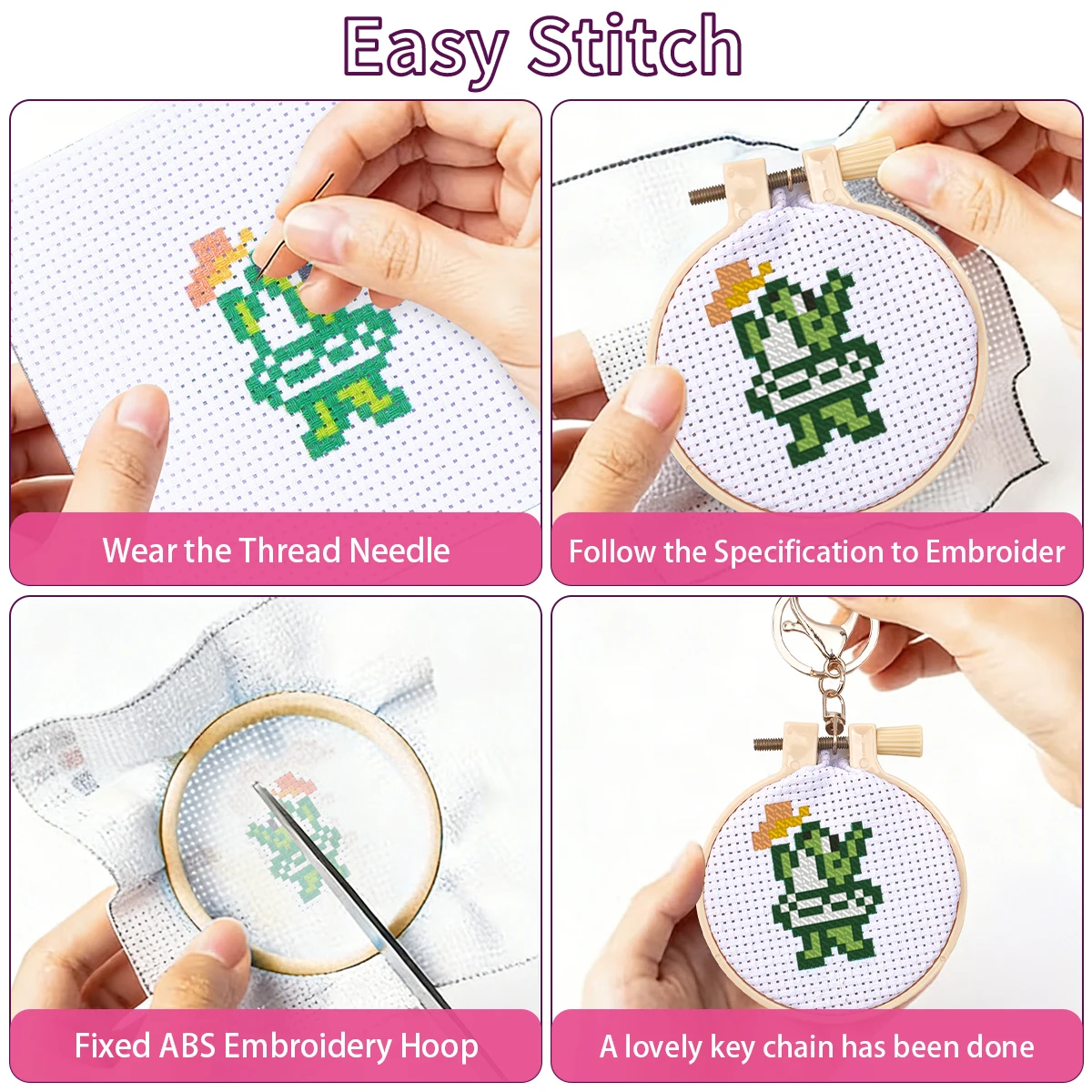 4pcs Embroidery Starter Kit DIY Cross Stitch Frog Pattern Craft Material Portable Needles Remover Threading Tool With Hoop Kids view 5