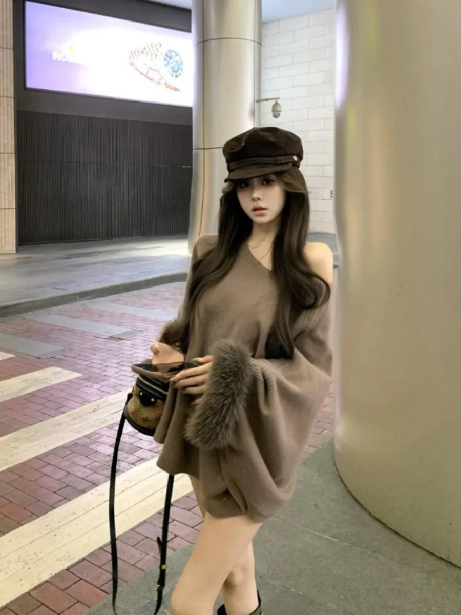 مثير مائل طوق oulder عارية طويلة Sve محبوك سترة المرأة فضفاضة العلوي الخريف موسم المنك المرقعة كسول Versati...