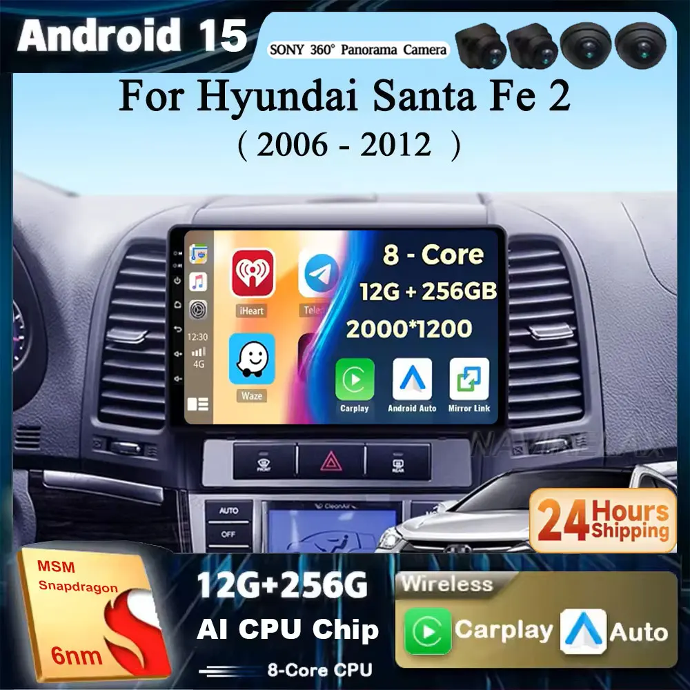 

Android 15 для Hyundai Santa Fe 2 2006-2012 2K QLED Автомобильный радиоприемник Мультимедийный видеоплеер GPS стерео CarPlay Головное устройство 4G WIFI