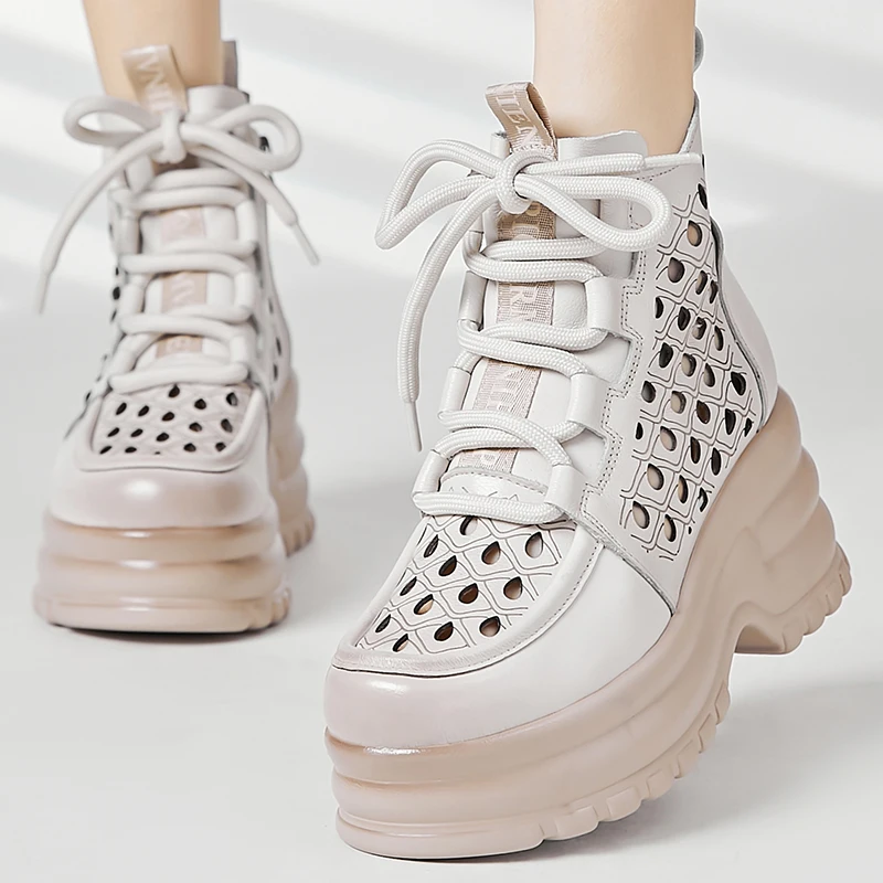 Ethnic Style Hollow Out Short Boots Women Genuine Sloping Heel Thick Soled Cool Boots Casual High Top Perforated Leather Shoes
