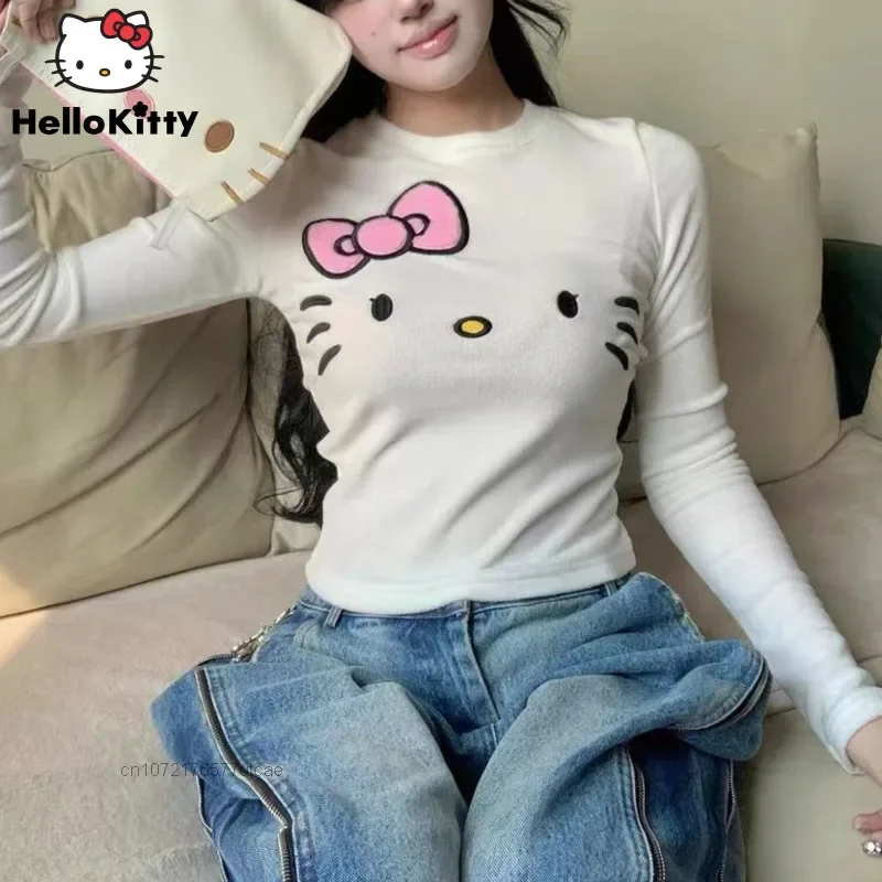 Sanrio Hello Kitty Embroidery Bow Cute Tops Women\'s Long Sleeve Autumn And Winter New Shirt Slim Fit Bottom Clothes