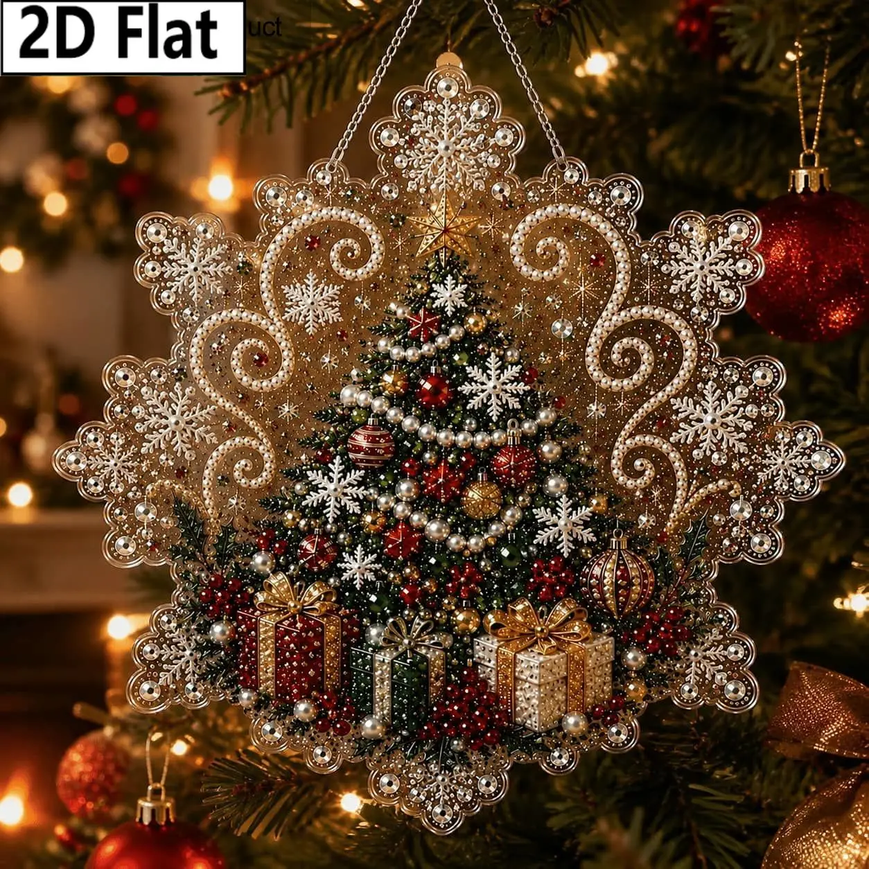 2D Flat 1pc Vintage Snowflake Christmas Acrylic Hanging Sign with Pre-Assembled Metal Chain, 3D Pearl Diamond Painting