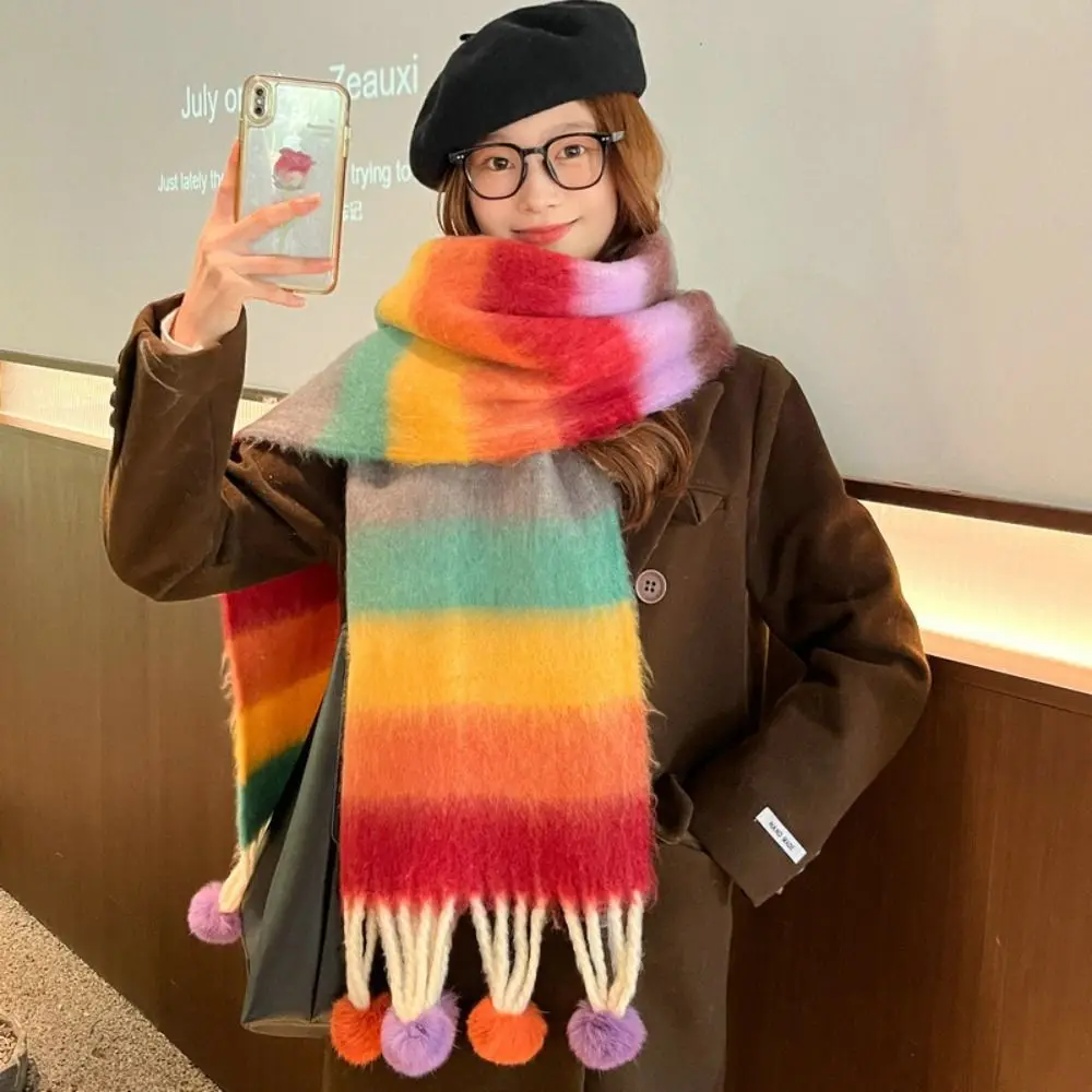 New Rainbow Color Scarf Shawl Long Tassels Colorful Plaid Keep Warm Blanke Autumn Winter Sweet Pashmina Scarves for Women