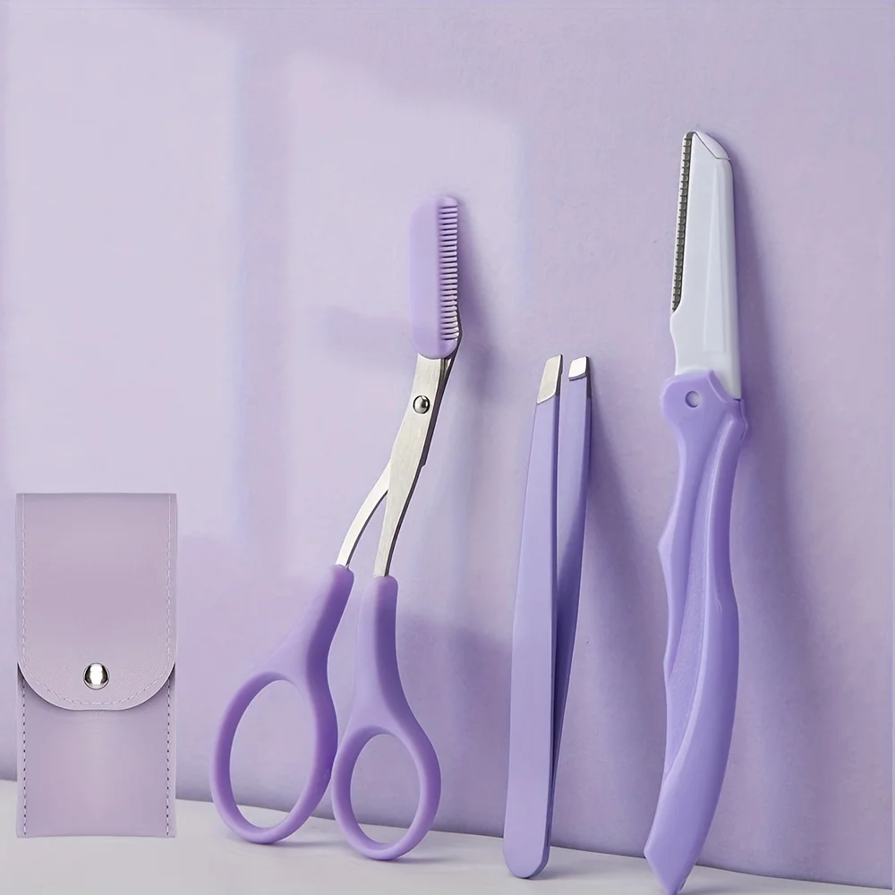 

Purple 3Pcs Eyebrow Trimmer Eyebrow Razor Kit Eyebrow Scissors Eyebrow Comb Razor for Face Tweezers Eyelash