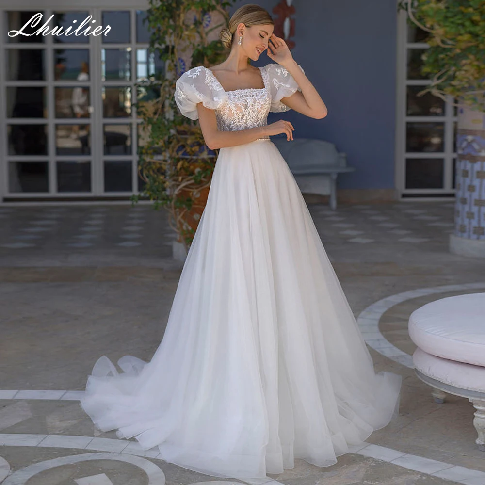 

Lhuillier Customized A Line Square Neck Tulle Wedding Dresses Floor Length Puff Sleeves Lace Bridal Dress with Court Train