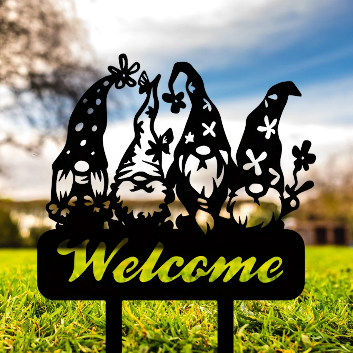 Fascinating Metal Yard Welcome Sign and Gnome – Lawn Decor & Garden Welcome Sign with Stakes. Intriguing Garden Ornamentation