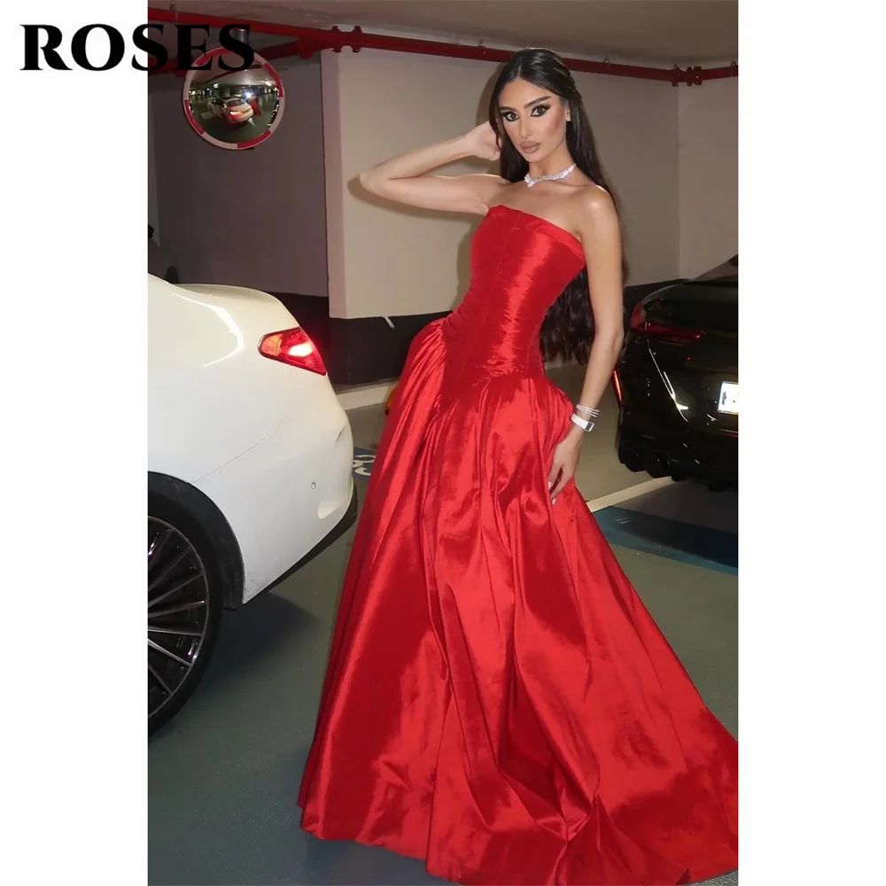 

ROSES Red Strapless Satin Prom Dress Minimalist Sleeveless A Line Celebrity Dress Floor Length Women's Evening Dress Customized