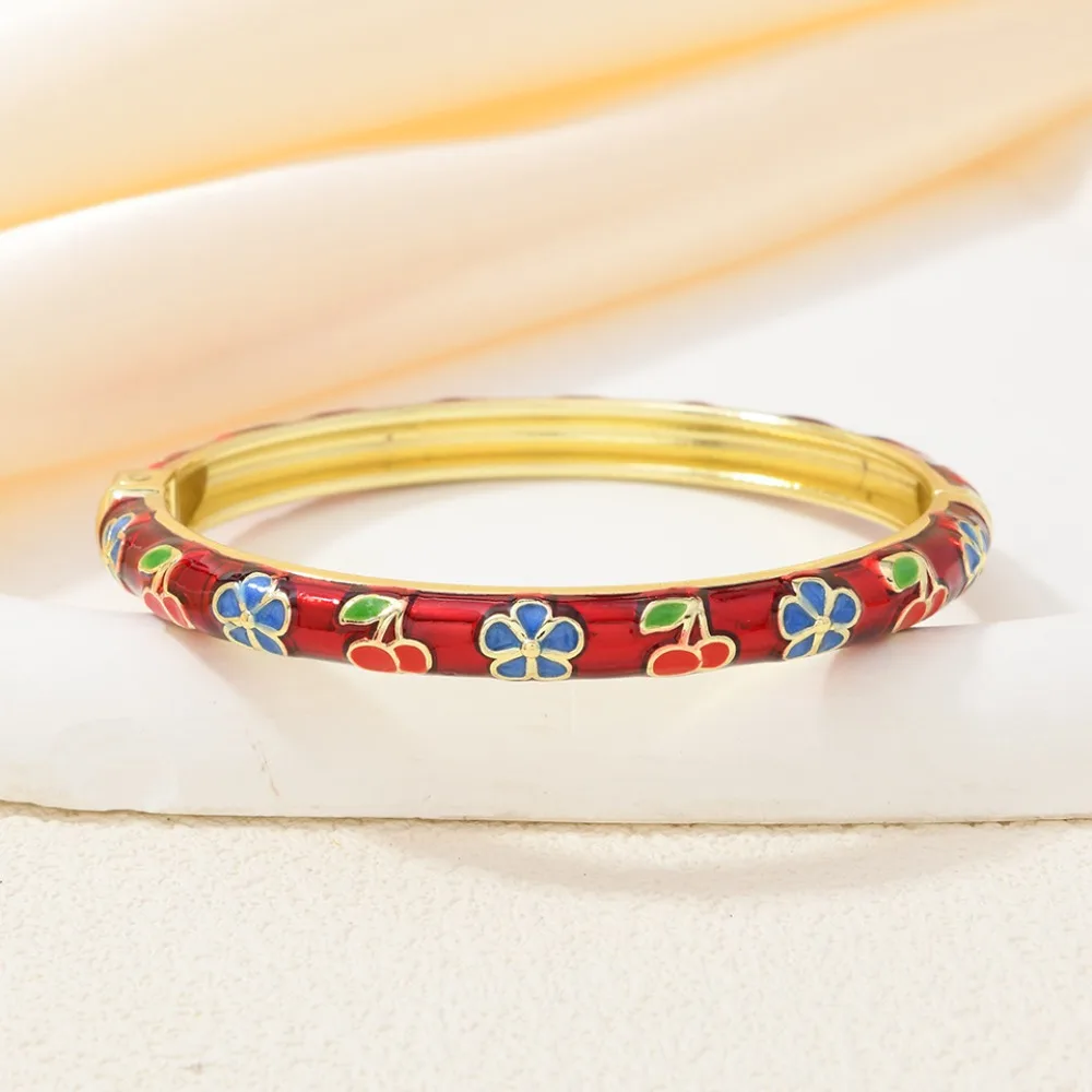 Enamel Vintage Cloisonne Bangle Traditional Cherry Floral Chinese Flower Bangle Vintage Ethnic Women's Hand Bracelet