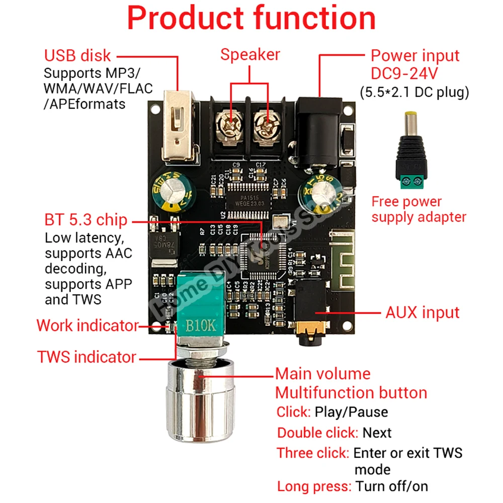 ZK-301B 30W Mono BT 5.3 Audio-Leistungs verstärker AMP True Wireless Wuzhi Audio APP Musik