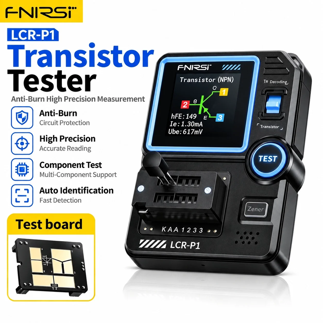 FNIRSI LCR-P1 Transistor Tester, 0.01-50MΩ LCR/ESR for MOSFET Diode Zener(32V) Cap/Ind, Auto-Discharge IR Decode CE Certified