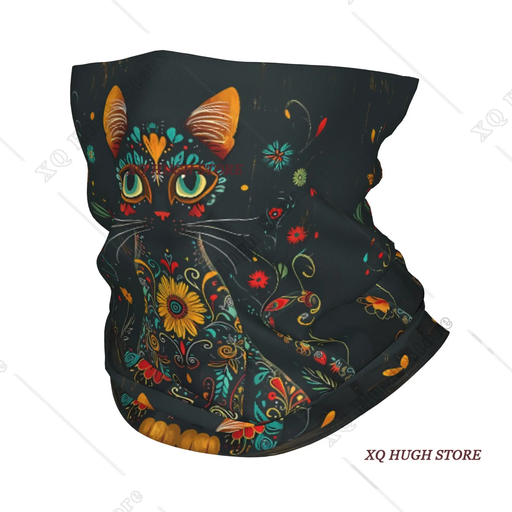 Mexican Flower Black Cat Scarf Bandana Neck Gaiter Windproof Face Scarf Cover Headband Tube Balaclava