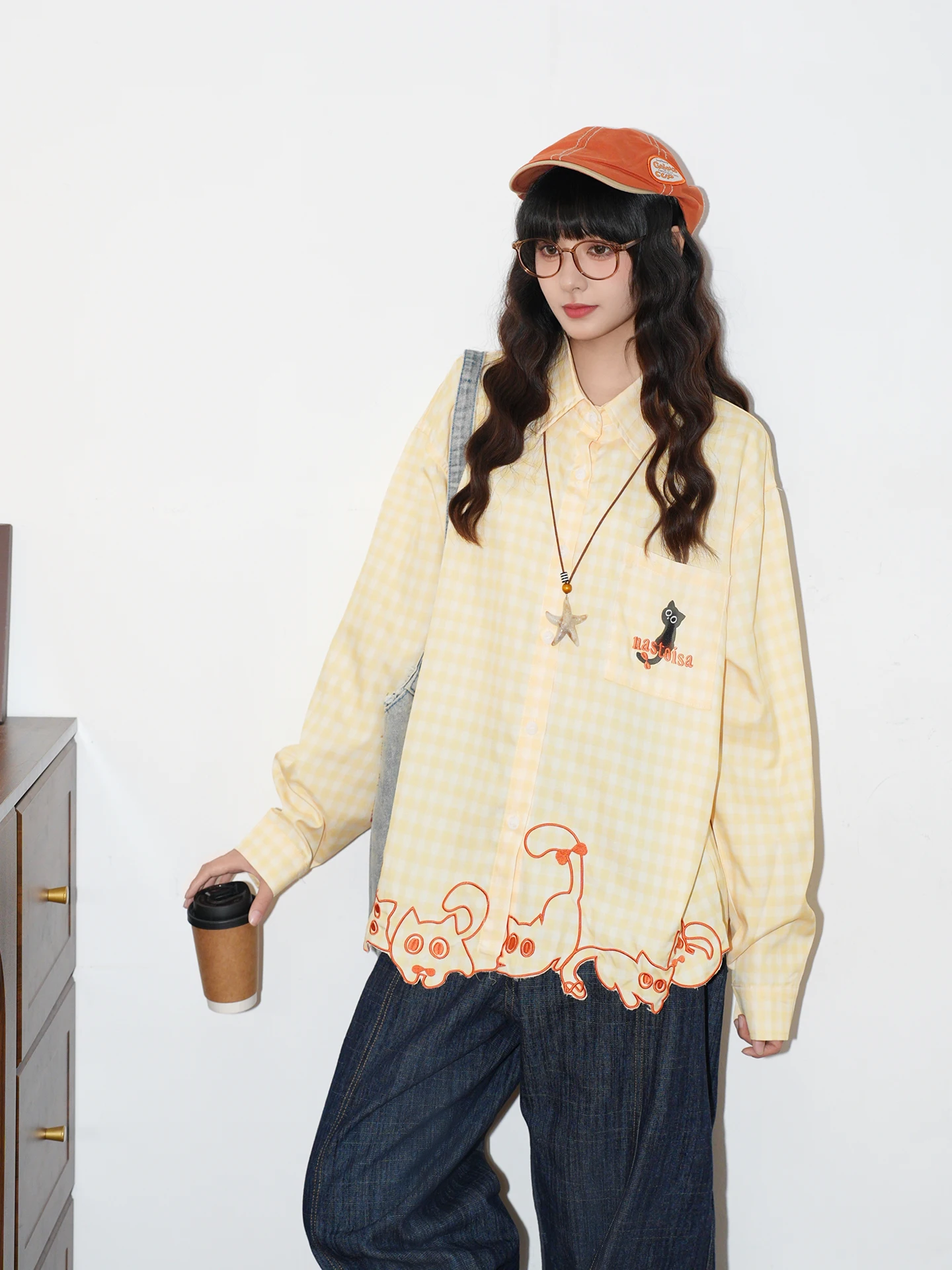 Original American Retro Plaid Embroidery Long Sleeve Loose Thin Women's Shirt Autumn Casual Style Polyester Fiber