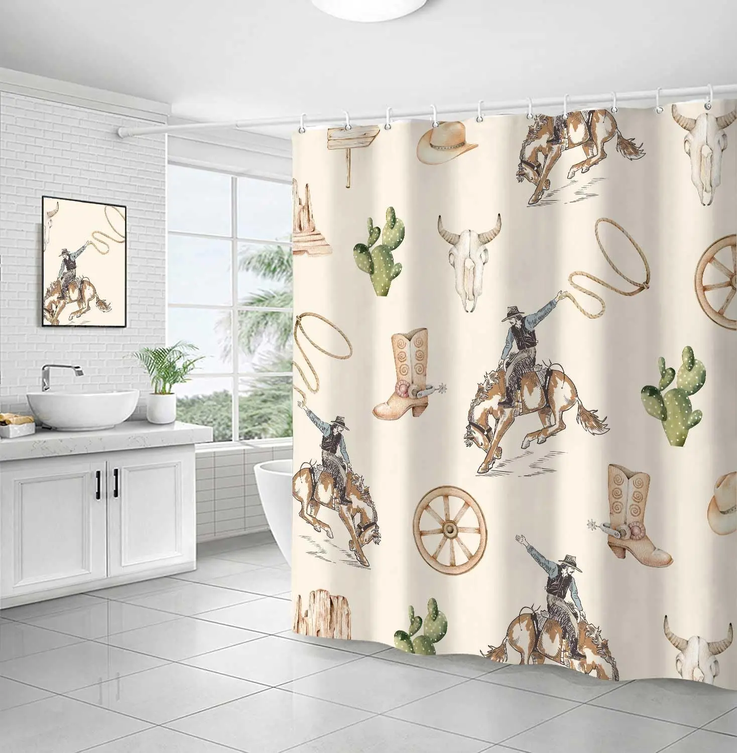 ستارة دش رعاة البقر الغربية، ستائر حمام كاوبوي رعاة البقر في الغرب المتوحش، حمام Farmhouse Country American West Theme