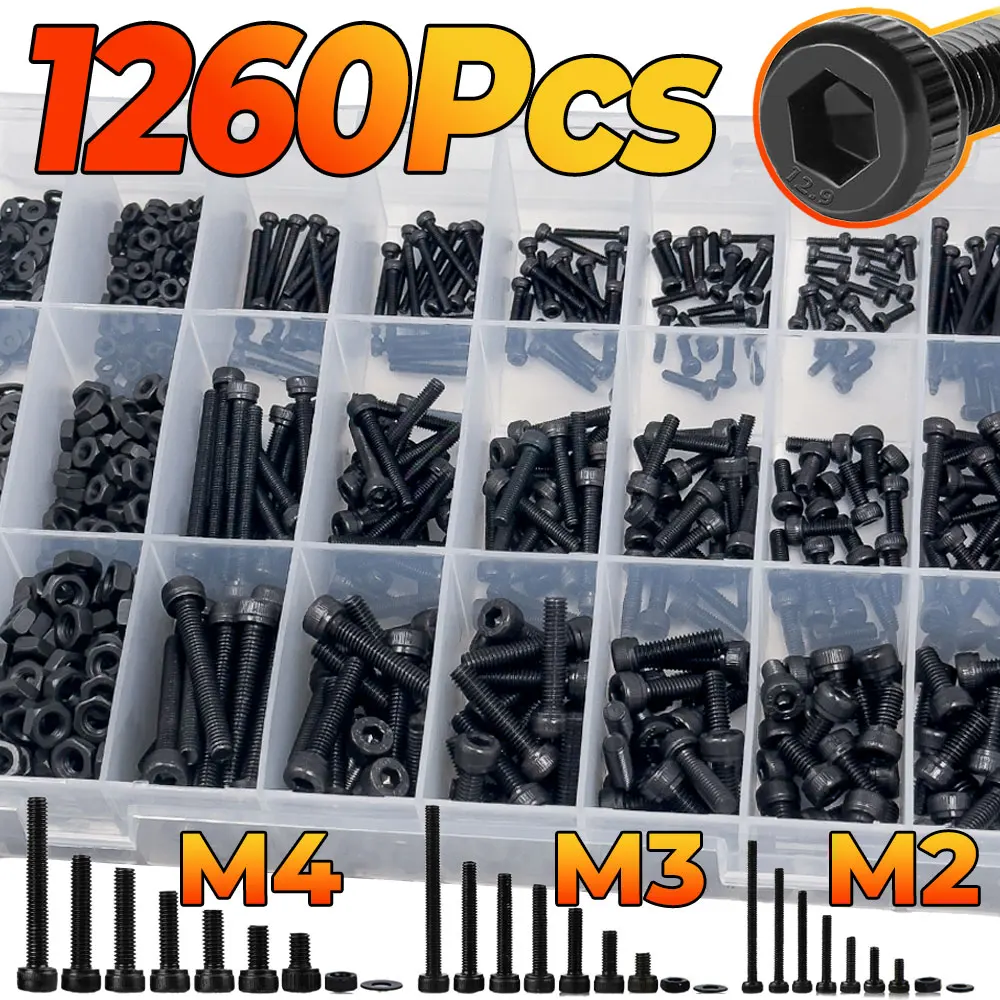 1260PCS M2 M3 M4 Metric Bolt Kit, 4-30MM Hex Socket Cap Screws, 12.9 Alloy Steel Machine Bolts Nuts Washers Assortment