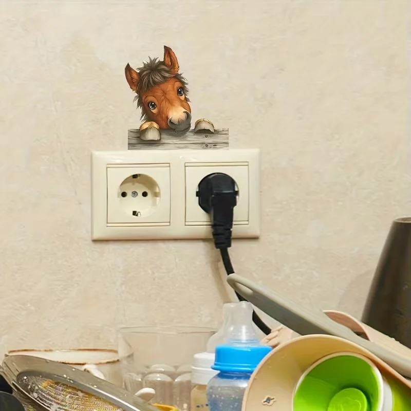 1 piece, light switch decal featuring a big-eyed pony with a tilted head; removable, waterproof PVC sticker suitable for living