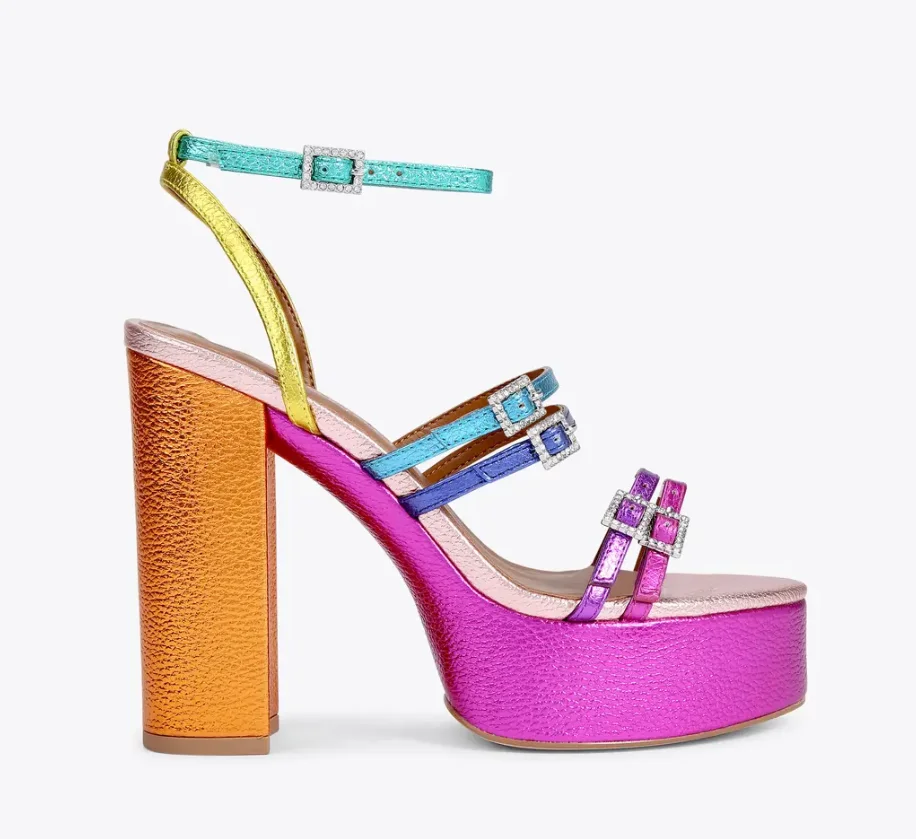 Rainbow Open Toe Platform Sandals Single Band Rhinestone Buckle Ankle Straps Block High Heels Slingback Summer Fashion Shoes