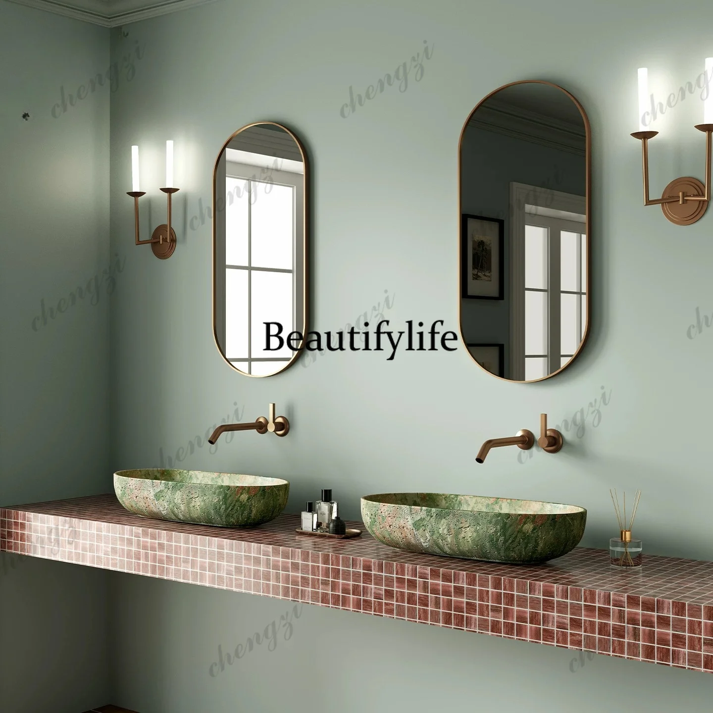 

P37 natural travertine countertop basin retro green art texture hotel homestay home villa wash basin