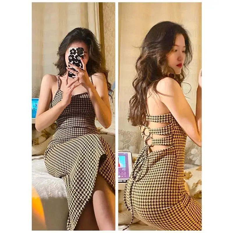 French Retro Houndstooth Temperament Sexy Slim Hip-packing Suspender Long Skirt Hong Kong Style Cross-stretched Dress
