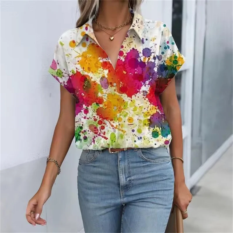 Artistic Women\'s Summer Clothes Blouse Tops Splashing Ink Pattern Print Womens Shirt Short Sleeve Button Shirts Blouses Top Lady