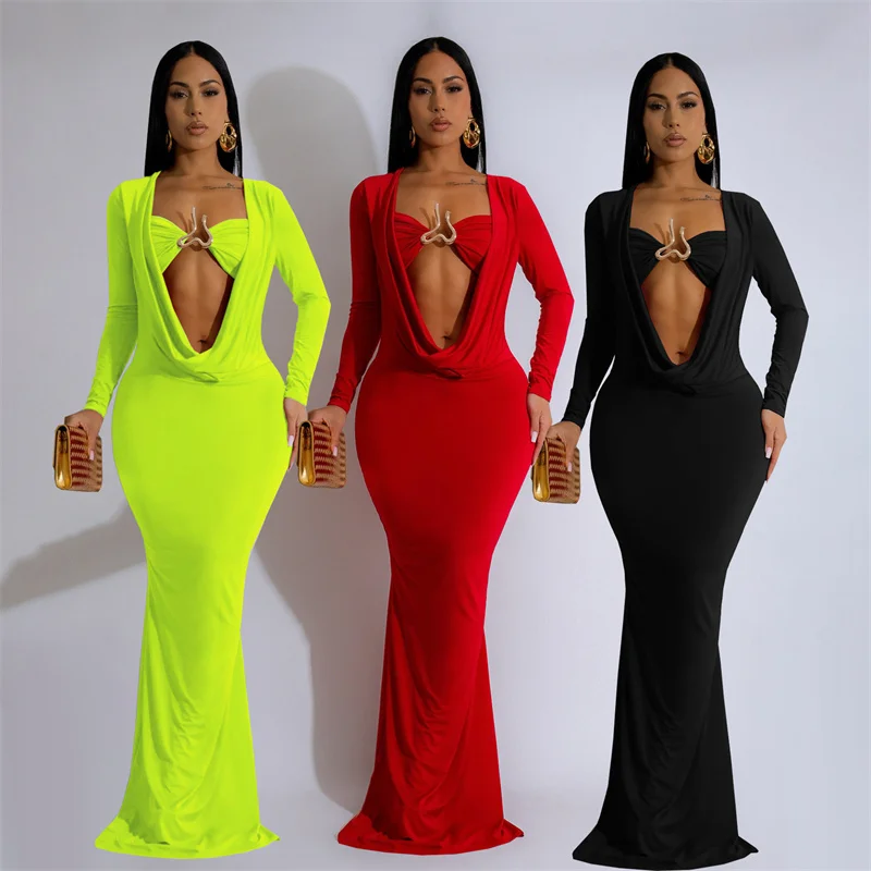 Elegante Geraffte Tiefen V-ausschnitt Langarm Bodycon Maxi Kleid Frauen Abend Nachtclub Party Promi Prom Meerjungfrau Lange Kleider Robe