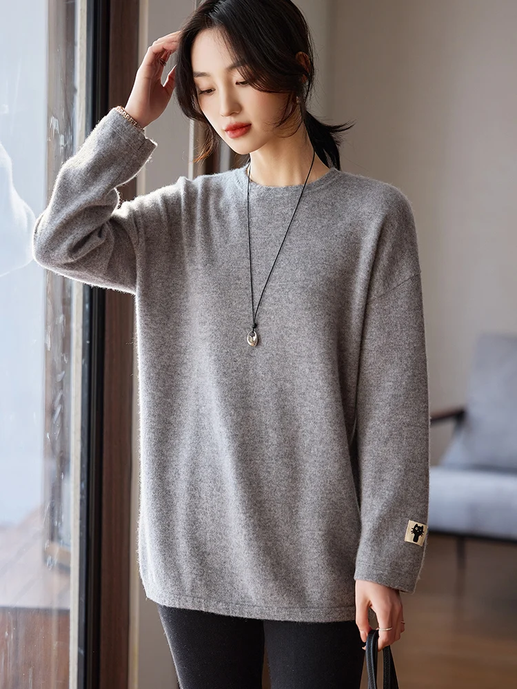 

2025 Autumn/Winter New 100% Wool Cashmere Mid Length knit Sweater Women's Round Neck Pullover Korean Fashion Luxury Loose Jumper