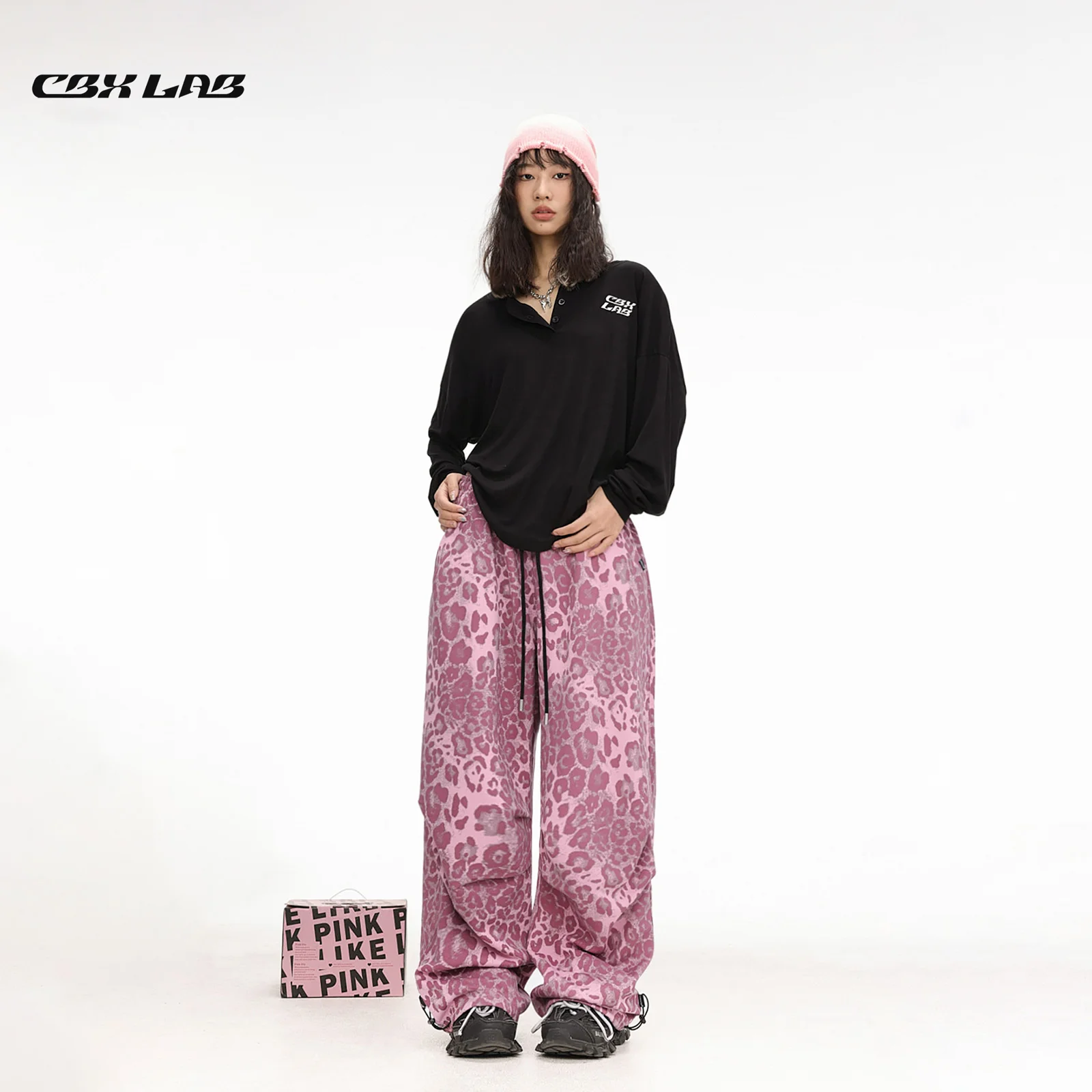 

CBXLAB Street Dance Women's Pink Leopard Dance Hip-Hop Fashionable Loose Sweatpants Jazz Pants Four Seasons