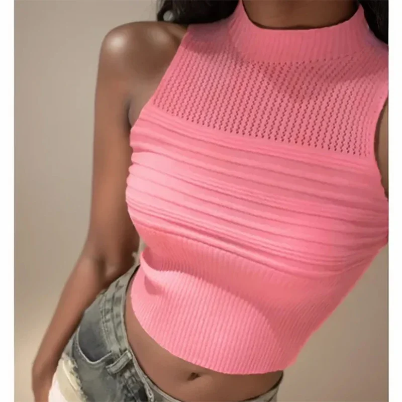 

ITOOLIN Spring Women Solid Off Shoulder Crop Top Stripes Casual Camis Top Hollow Out Knit Tank Tops Women 2024 Summer