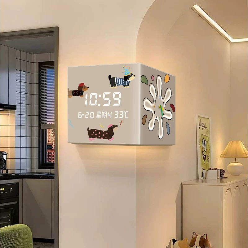Dopamine Living Room Corner Double sided Wall Clock Cream Style Cartoon Dog Creative Clock Wall Light