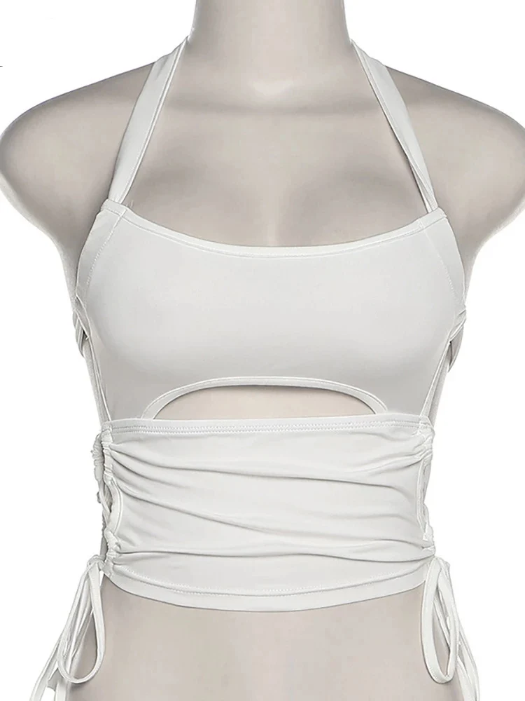 Y2K Sexy Backless Summer Crop Top Women Hollow Out 2025 White Sleeveless Bandage Halter Tank Tops Streetwear Cami 90s