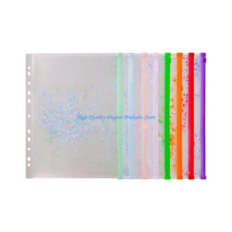 U2JE 8Pcs Clear Plastic File Bag With Punched Hole Decorative Zippered Document Envelope File Organiser Pouches for Office