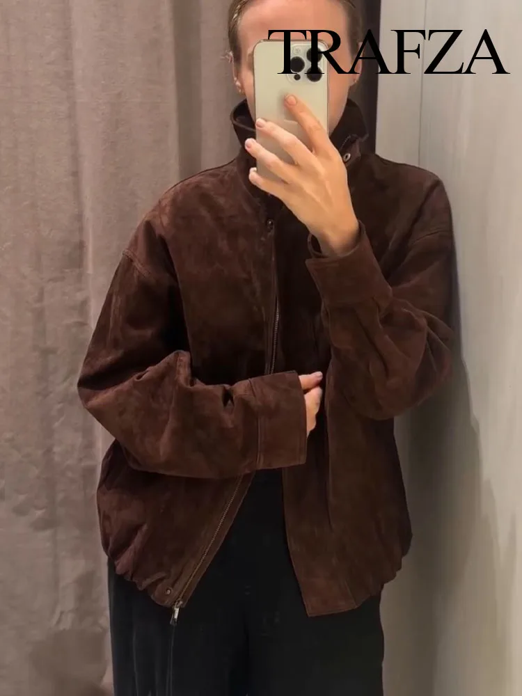 

TRAFZA Women Fashion Loose Street Style Casual Coats Woman Autumn High Collar Zipper Pocket Design Long Sleeves Short Jackets