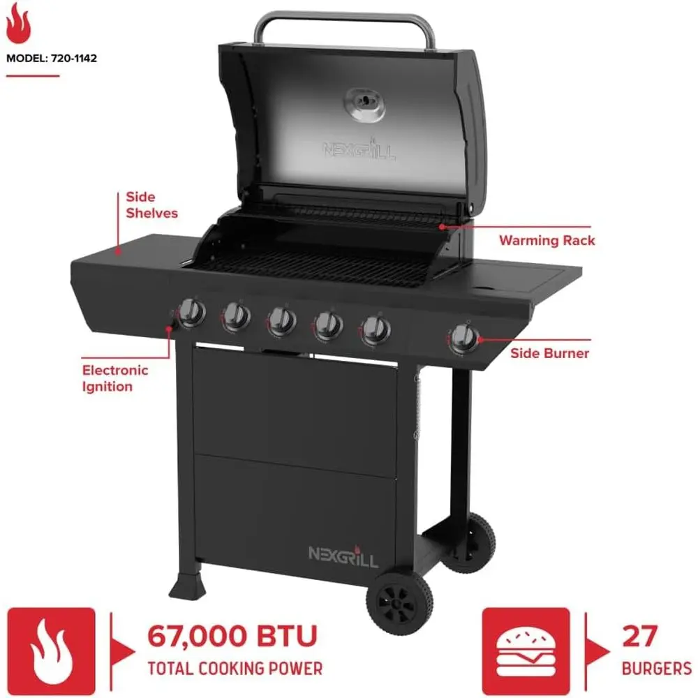 5-Burner Propane Gas Grill with Side Burner, Stainless Steel, Thermometer, Ignition, 618 Sq In, Porcelain Cast Iron Grates