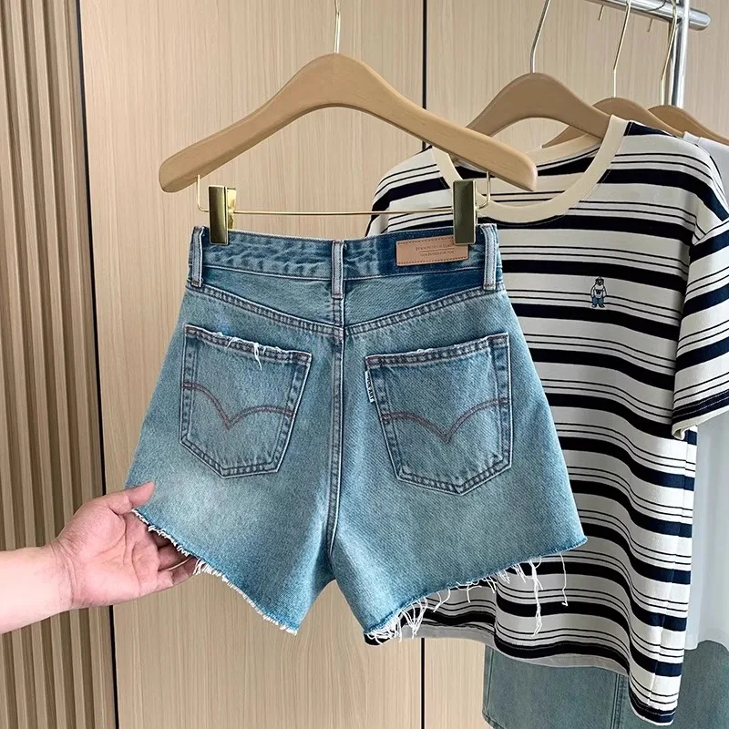 

Washed Blue Vintage Ripped Denim Shorts Women's High Waist Summer Slim A-Line Wide Leg Hot Pants Casual High Waist Shorts