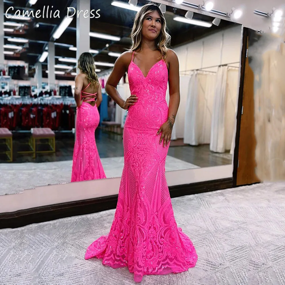 

Glamorous V Neck Mermaid Evening Dress Spaghetti Straps Formal Occasion Dresses Sleeveless Criss Cross Back Vestidos De Noche